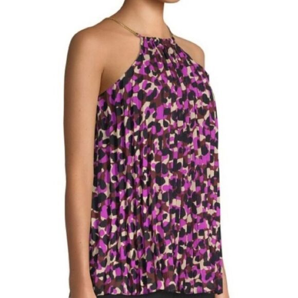 NWT Trina Turk Size MediumNayarit Gold Chain Halter Pleated Blouse Purple Black - Picture 1 of 13